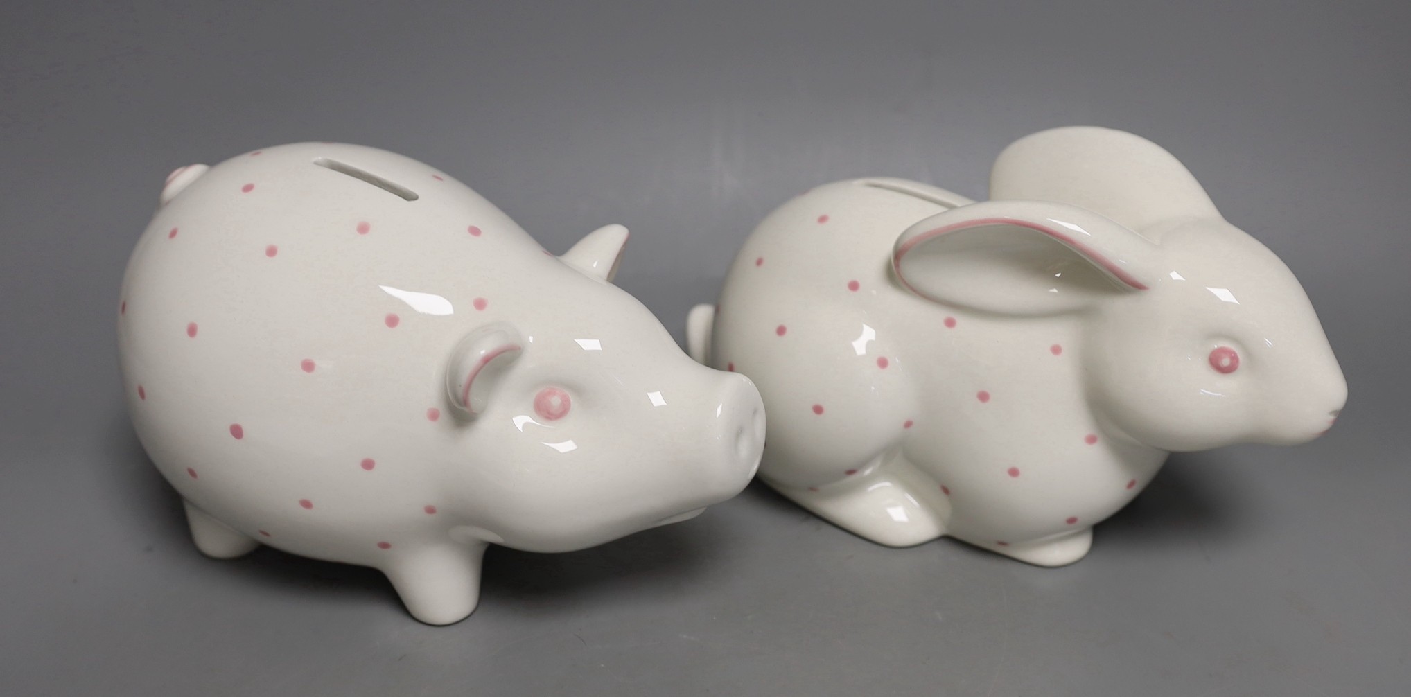 Tiffany ‘rabbit’ and ‘pig’ money banks, original boxes, pig 20cm wide